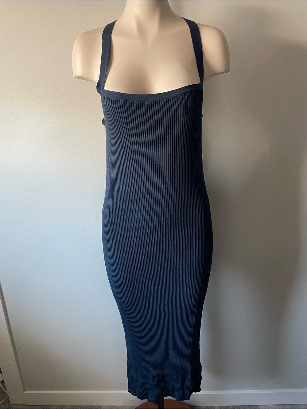 NEW Wilfred Cayenne Dress Midi Ribbed Knit Tie Back Strappy Blue Size Small